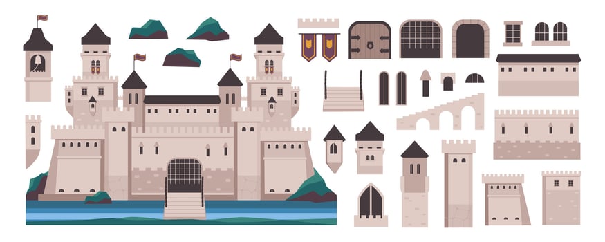 Medieval castle elements constructor mega set in flat graphic design. Creator kit with ancient kingdom palace exterior, gates, towers, doors, windows, flags and archways, other. Vector illustration.