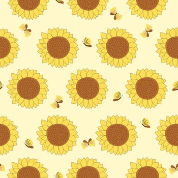 yellow cute sunflowers with butterfly hand drawn seamless pattern vector illustration for decorate invitation greeting birthday party celebration wedding card poster banner textile background