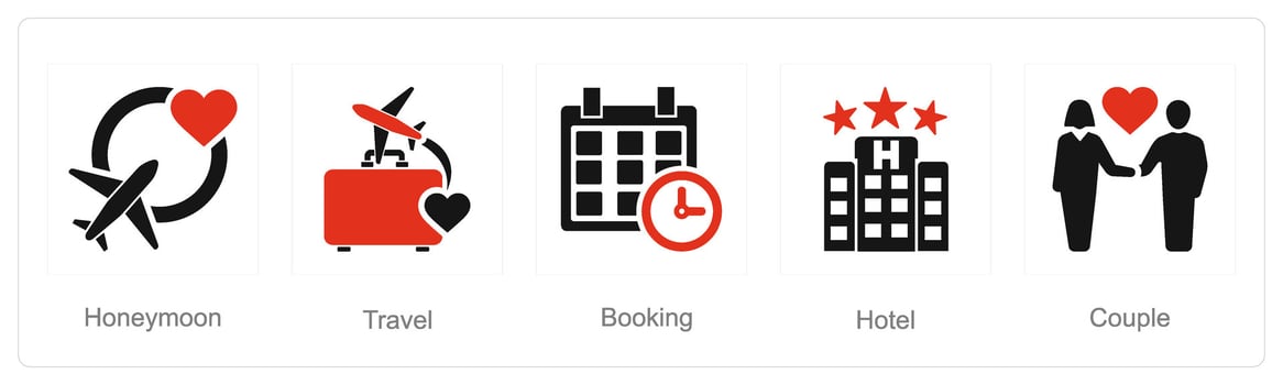 A set of 5 Honeymoon icons as honeymoon, travel, booking vector
