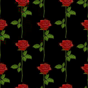 Black hand drawn seamless vector pattern with red rose flowers