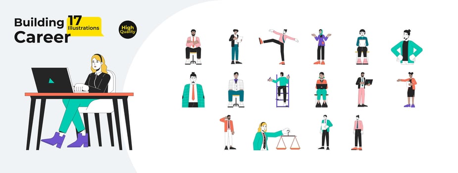 Career businesspeople line cartoon flat illustration bundle. Adults professionals 2D lineart characters isolated on white background. Managers business. Employees office vector color image collection