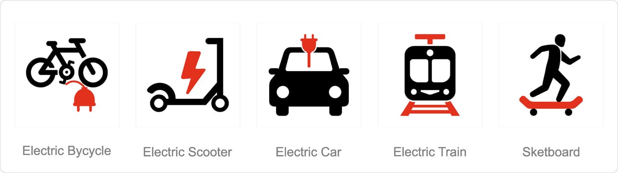 A set of 5 Mix icons as electric bicycle, electric scooter, electric car vector