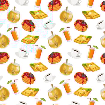 Vector seamless pattern of hand drawn breakfast with coffee, waffles, honey, juice and pancakes
