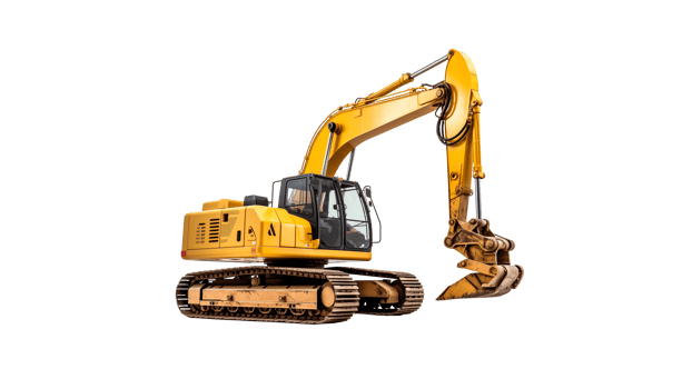 Yellow excavator cut out. Work excavator on transparent background png