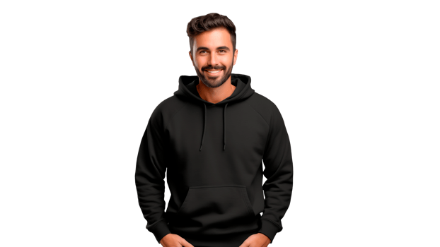 Man in black hoodie mockup cut out. Happy man in sweatshirt on transparent background png