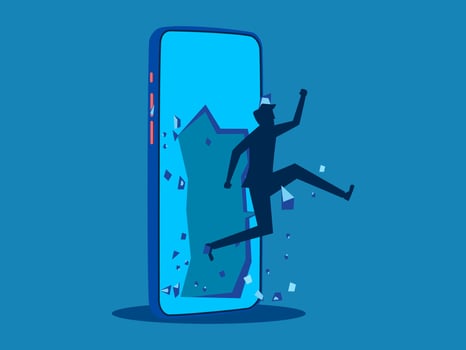 Escape from the online world. Businessman leaves the mobile phone screen vector