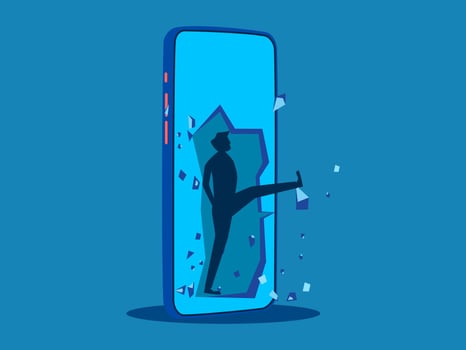 Break free from the online world. Businessman leaves smartphone screen vector