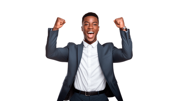 AI generated Happy black businessman celebrating success cut out. Isolated black man expression win png