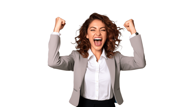 Happy young business woman celebrating success cut out. Isolated businesswoman expression win png