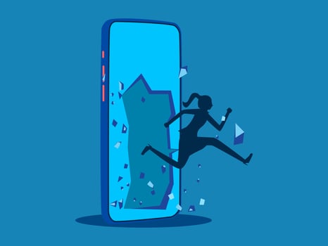 Break free from the online world. Businessman leaves smartphone screen vector