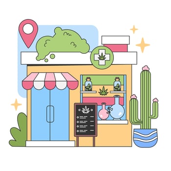 Cannabis storefront scene. Flat vector illustration