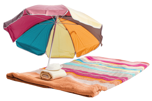AI generated Colorful beach umbrella with matching towels on sand png