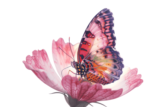 AI generated Vibrant butterfly perched on a pink hibiscus flower png