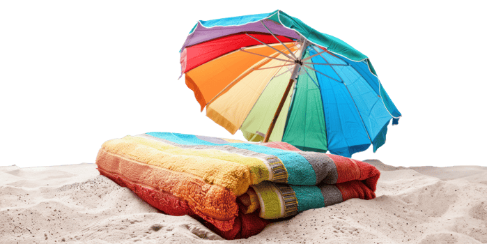 AI generated Colorful beach umbrella with matching towels on sand png