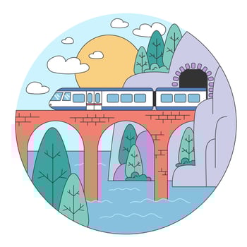 Train trip. Characters traveling by train. Passengers with luggage vector