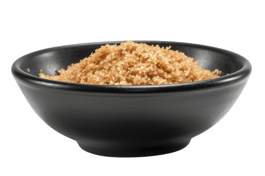 AI generated Organic brown sugar in black bowl on transparent background - stock png. png