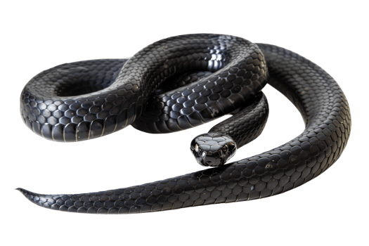 AI generated Black coiled snake with shiny scales on transparent background - stock png. png