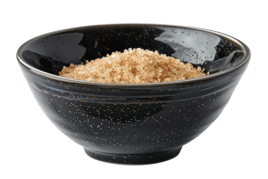 AI generated Organic brown sugar in black bowl on transparent background - stock png. png