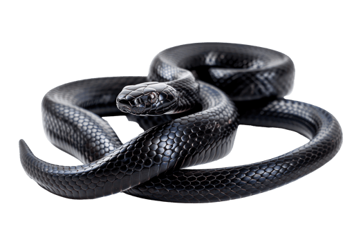 AI generated Black coiled snake with shiny scales on transparent background - stock png. png