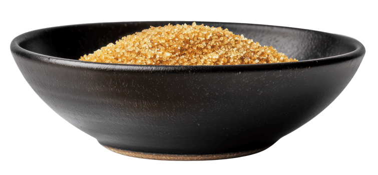 AI generated Organic brown sugar in black bowl on transparent background - stock png. png