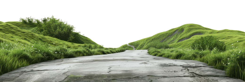 AI generated Winding road through lush green hills on transparent background - stock png. png