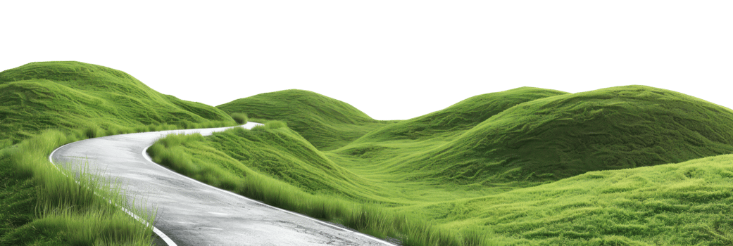 AI generated Winding road through lush green hills on transparent background - stock png. png