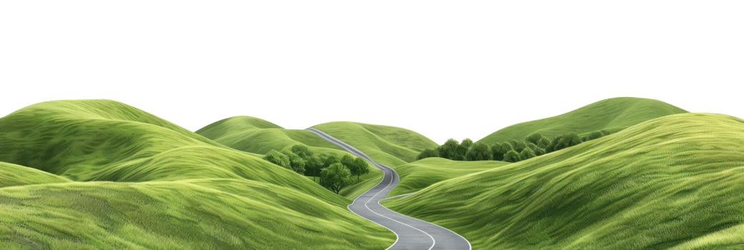 AI generated Winding road through lush green hills on transparent background - stock png. png