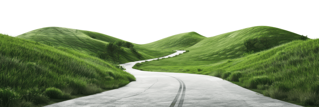 AI generated Winding road through lush green hills on transparent background - stock png. png