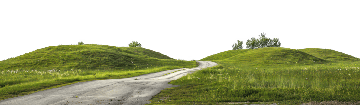 AI generated Winding road through lush green hills on transparent background - stock png. png