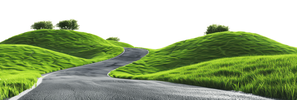 AI generated Winding road through lush green hills on transparent background - stock png. png
