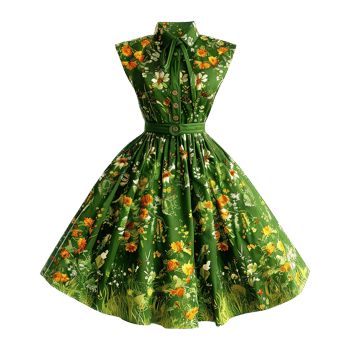 AI generated Floral patterned retro green dress isolated on transparent background png