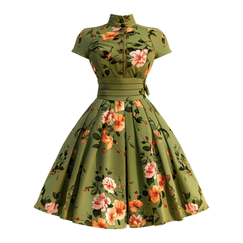 AI generated Floral patterned retro green dress isolated on transparent background png