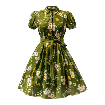 AI generated Floral patterned retro green dress isolated on transparent background png