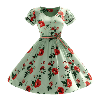 AI generated Floral patterned retro green dress isolated on transparent background png