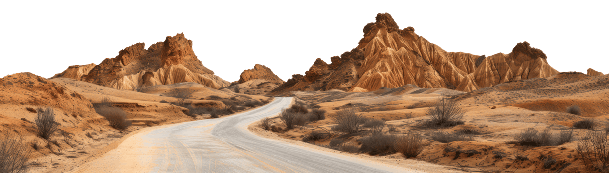 AI generated Desert road winding through arid landscape on transparent background - stock png. png