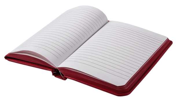 AI generated Red open notebook with lined pages for writing and notes on transparent background - stock png. png
