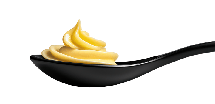 AI generated Creamy dollop of yellow mayonnaise on a black spoon on transparent background - stock png. png