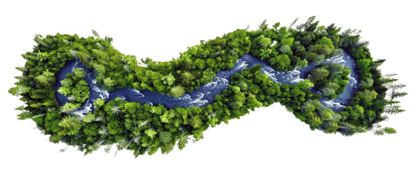 AI generated Lush green forested river island from aerial perspective on transparent background - stock png. png