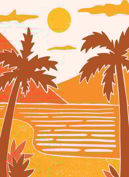 Abstract poster of sea side landscape with palm trees, sun and mountains. Good for posters, banners, greeting cards, prints, invitations, wallpaper, background. EPS 10 vector