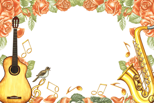 The frame is musical with a saxophone, piano keys, roses and a treble clef. The watercolor illustration is hand-drawn. For posters, flyers and invitation cards. For greeting cards and certificates. png