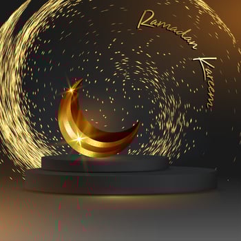 Ramadan Luxury Islamic Podium with Islamic gold crescent moon, Spiral of fireworks. 3D Arabic Banner for product showcase, Product presentation, cosmetic, base, sales, glittering and black background vector