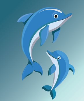 a pair of cute dolphins. both have fun swimming against a blue background vector