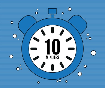 10 Minutes clock. Minute marker alarm isolated on blue background. Time counter clock vector