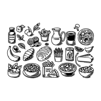 Hand drawn fast food doodle seamless pattern. Black and white ink illustration. vector