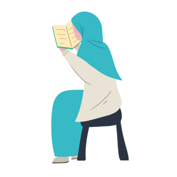Illustration graphic of full body of Muslim women sit on the chair with a book on her hands reading a book. png