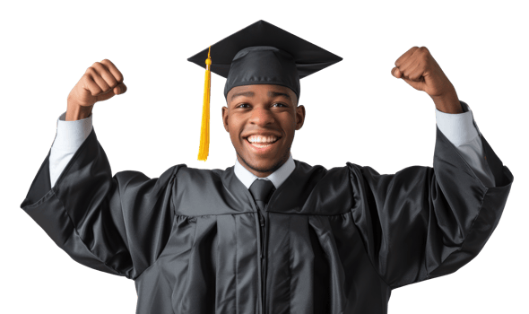 AI generated Graduate smiling with raised fists on transparent background png