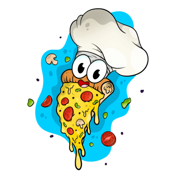 Cute pepperoni and vegetable pizza chef with giant cartoony eyes. png