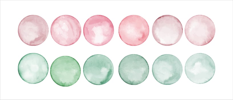 Set of watercolor pink, green polka dots. Circle in soft pastel colors. Creative minimalist style. Splashes, bubbles, round doodle spots, brush strokes, stains. Hand drawn illustration vector
