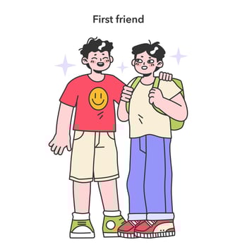 First friend. School friends standing together. Childhood yeas life milestones. vector