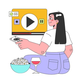 Movie streaming platform. Woman watching film at home with digital vector